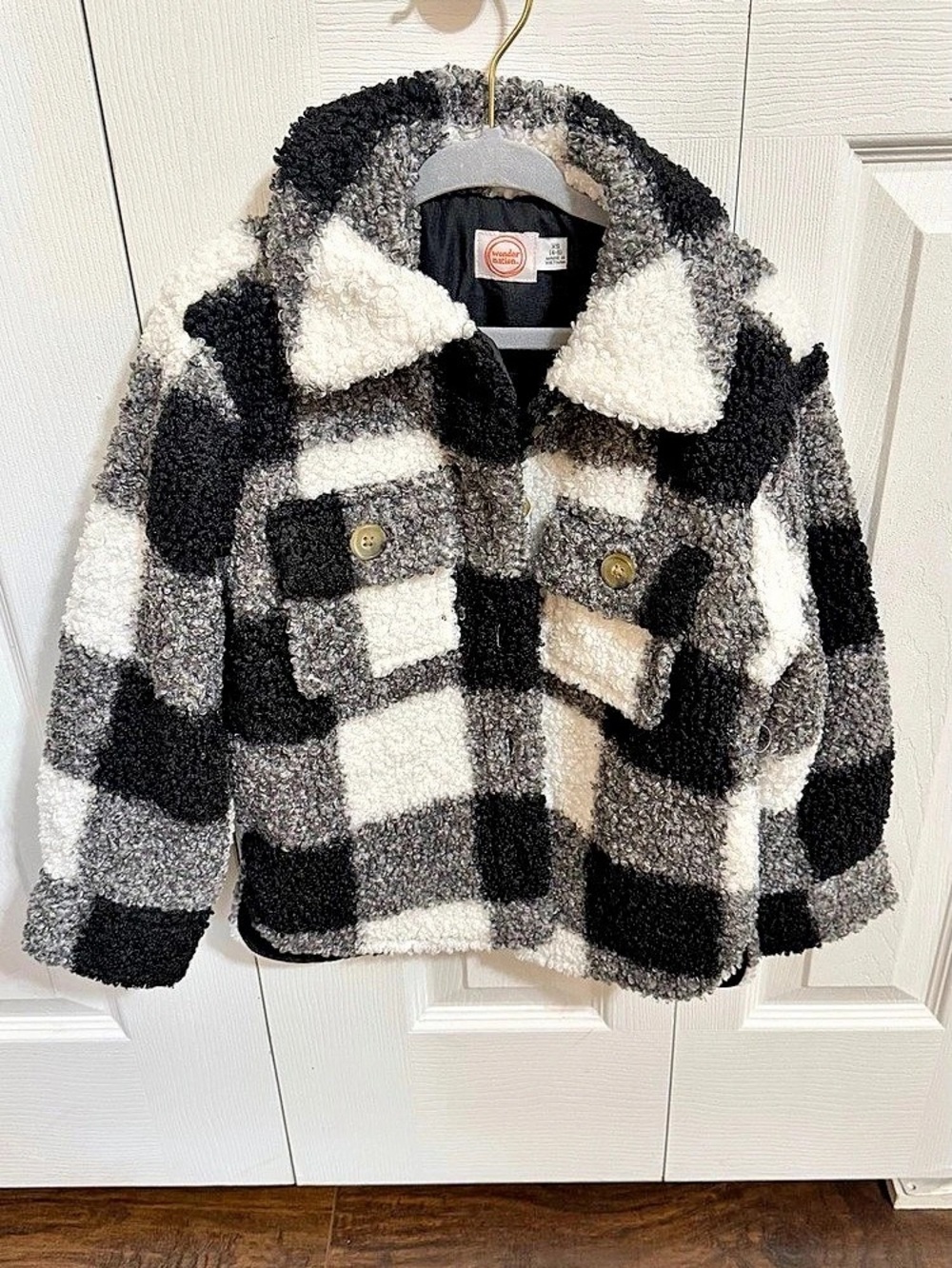 Kids Wonder Nation Checkered Teddy Jacket Black & Gray XS
